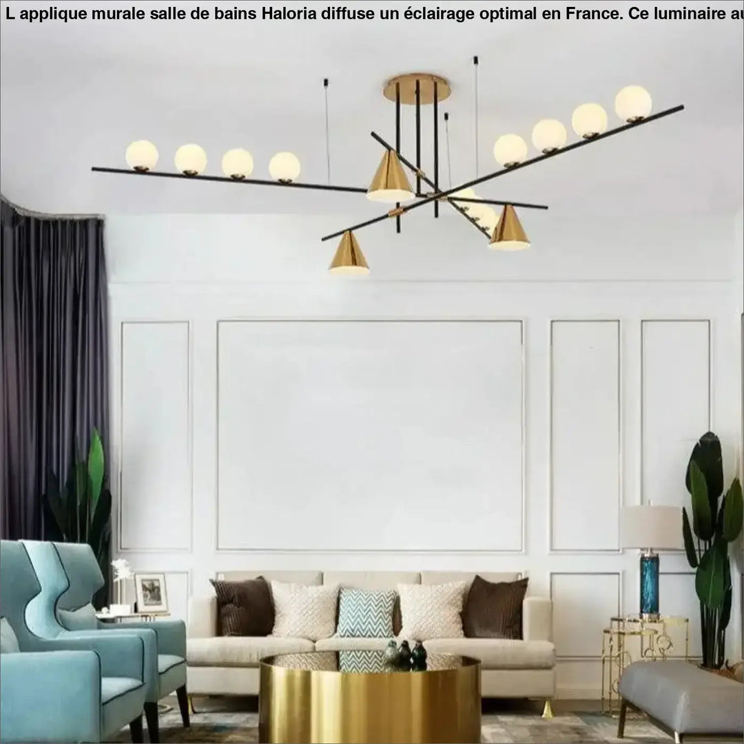Applique murale salle moderne noire et dorée avec ampoules sphériques et abat-jour coniques haloria