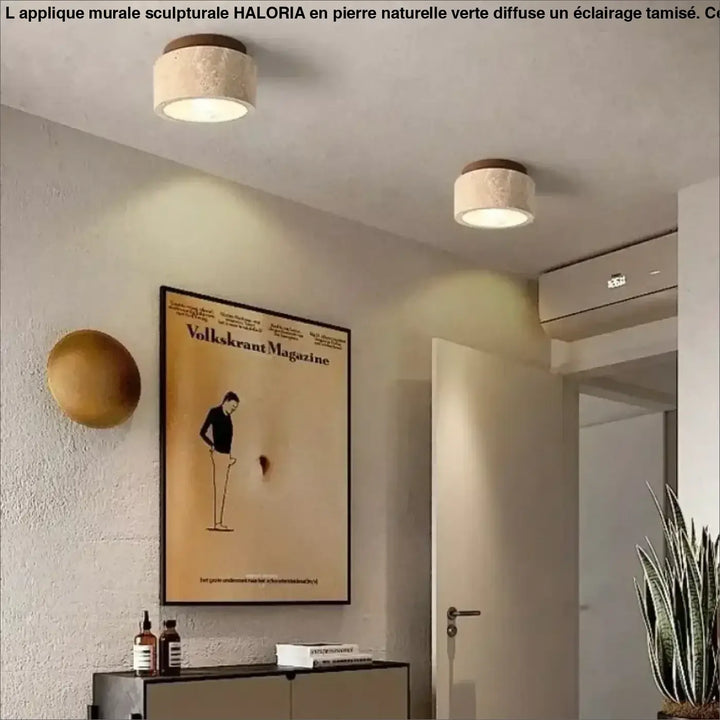 Plafonnier Cylindrique En Pierre Avec Finition En Bois

