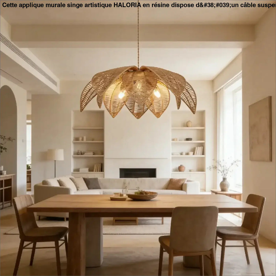Suspension luminaire jamila en forme de feuille tissée en rotin naturel doré pour salle à manger d’une fleur