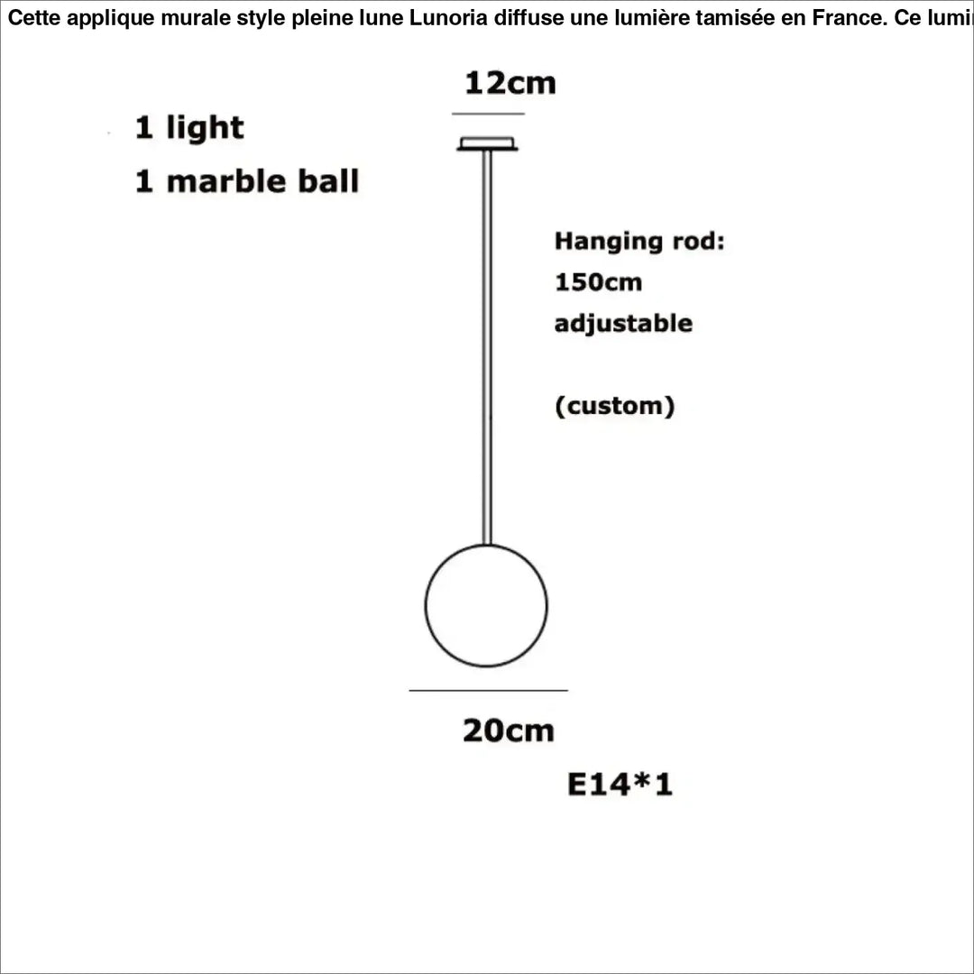 Suspension luminaire sculpturale sitoko avec une sphère en marbre albâtre flottant de 20cm suspendue à une tige réglable de 150cm