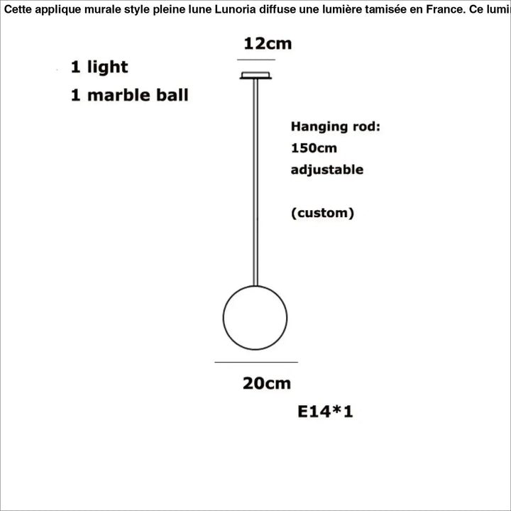 Suspension luminaire sculpturale sitoko avec une sphère en marbre albâtre flottant de 20cm suspendue à une tige réglable de 150cm