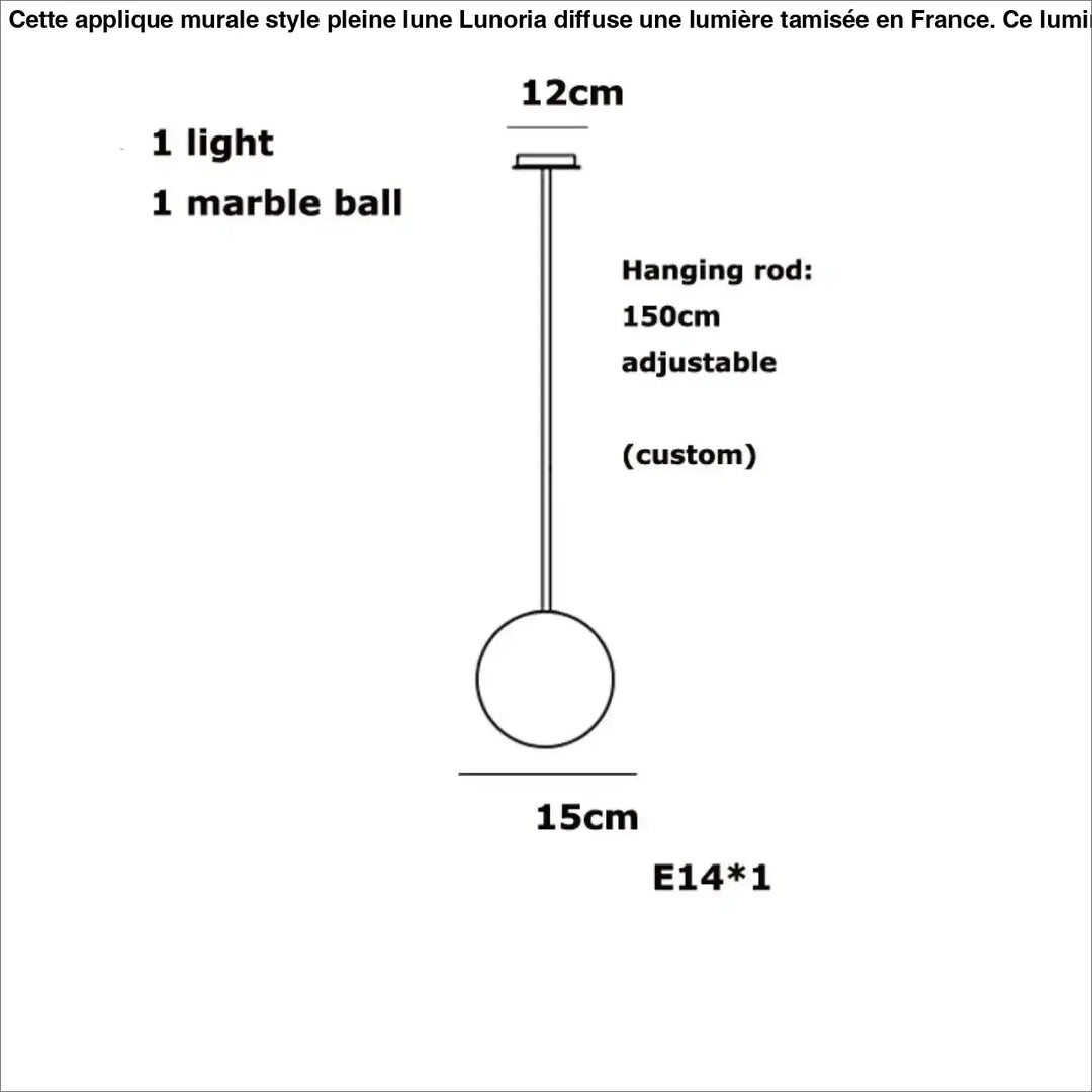 Suspension luminaire sculpturale sitoko avec boule en marbre blanc de 15 cm et tige réglable de 150 cm pour un espace d’exception