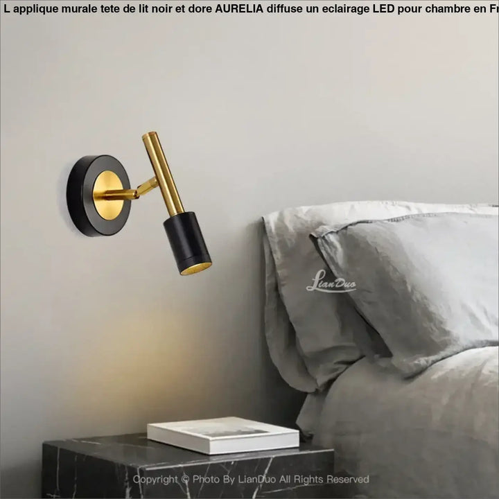 Applique murale tete de lit noir et dore aurelia avec bras ajustable en metal moderne pour lecture murale