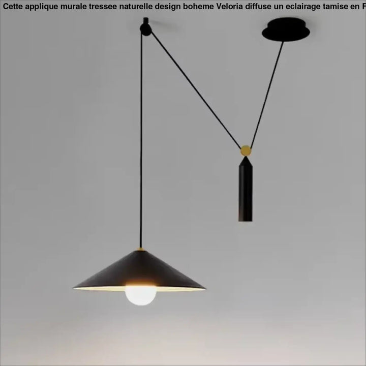 Applique murale tressee naturelle design boheme veloria avec lampe pendante conique noire mate et accents dorés ajustable