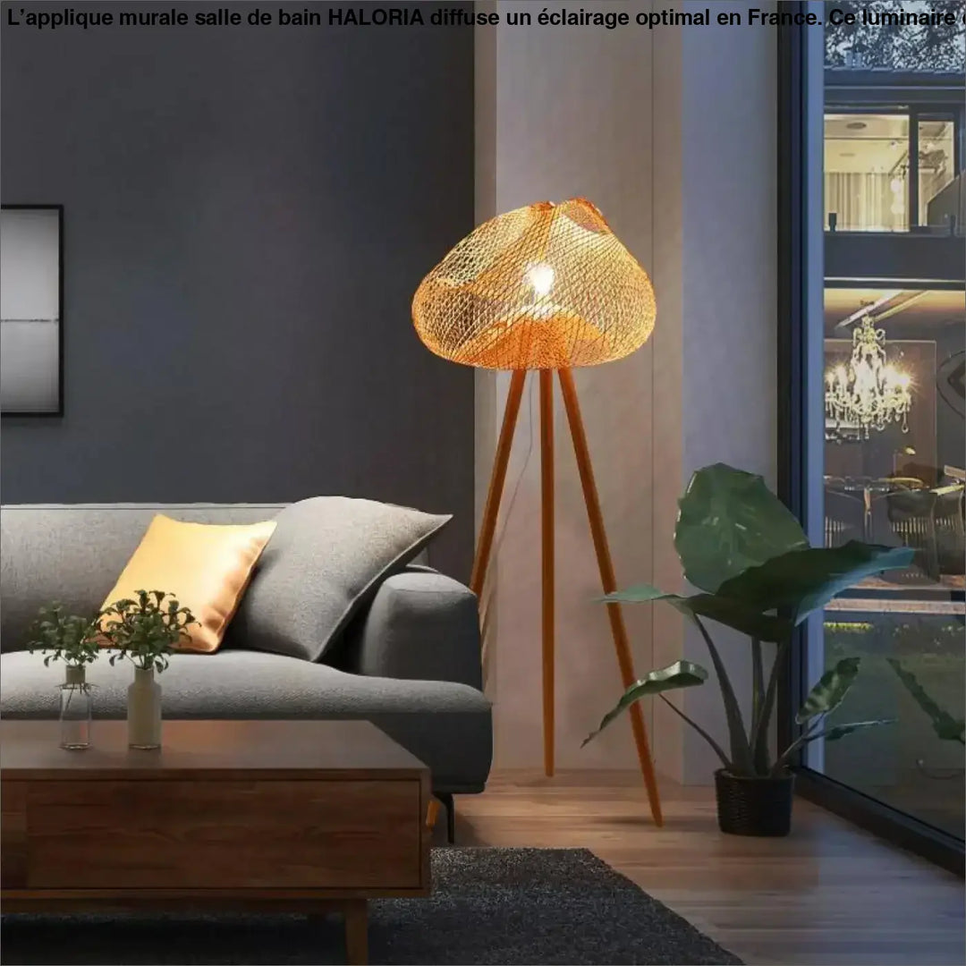 Applique murale en rotin tissé ton chaud avec pieds tripodes en bois pour appliques murales salle de bain haloria