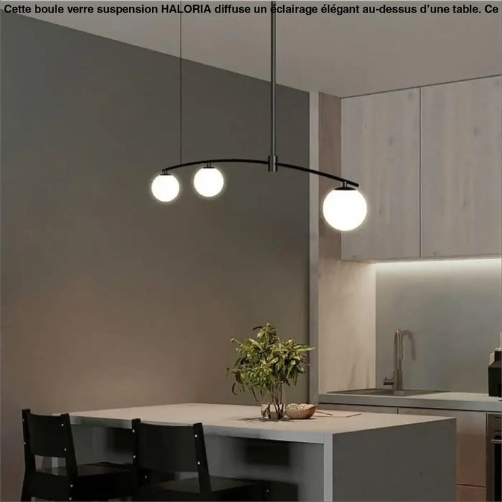 Boule verre suspension moderne en métal noir avec trois globes en verre blanc opalin pour éclairage intérieur