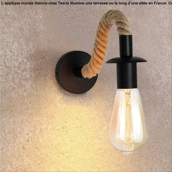Luminaire extérieur industriel mural haloria avec base métal noir et corde beige torsadée pour éclairage long d’une allée