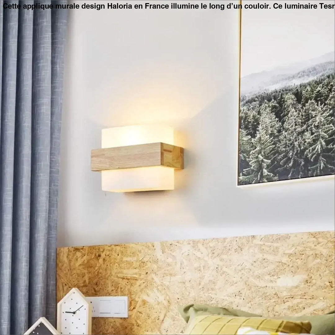 Grande applique murale design haloria en bois moderne avec lumière chaude et design rectangulaire superposé murale design