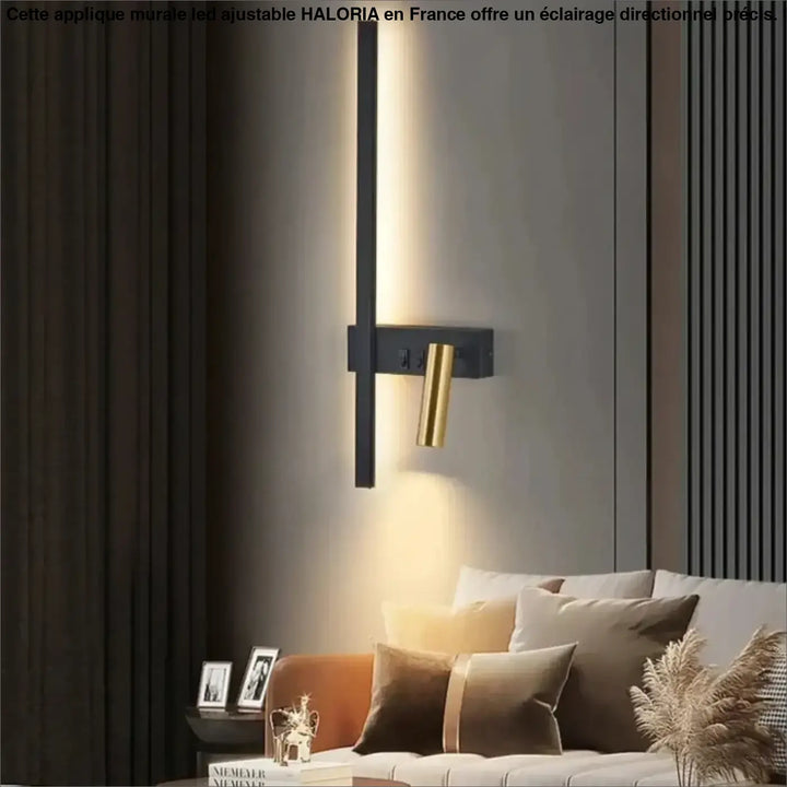 Grande applique murale led ajustable haloria en noir et or avec design vertical élégant pour éclairage moderne murale led