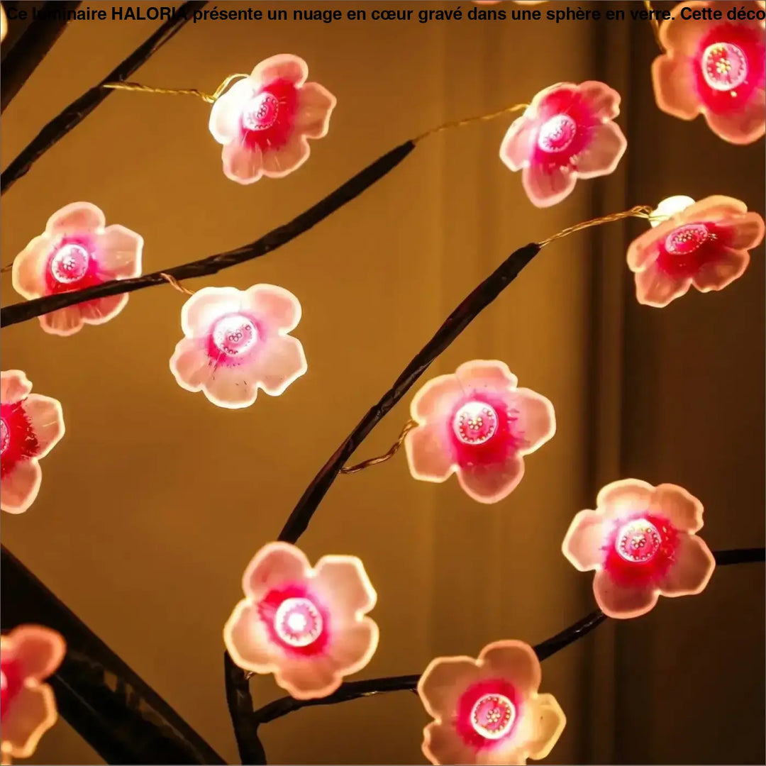 Veilleuse arbre lumineux flowy avec guirlande led fleurs de cerisier roses translucides pour décoration intérieure