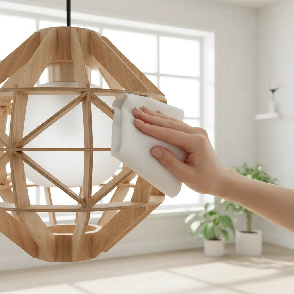 Nettoyage d'un luminaire en bois avec un chiffon doux
