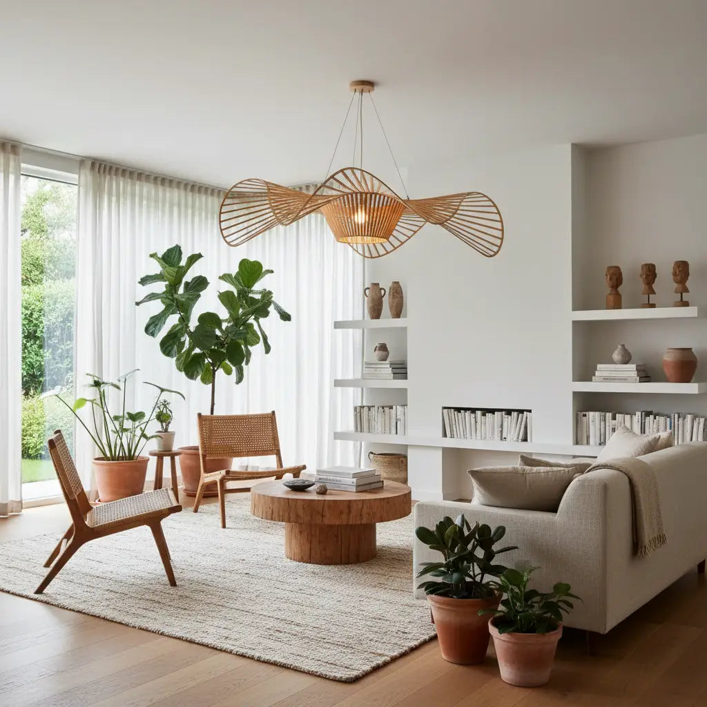 Luminaire bois dans un salon moderne et chaleureux