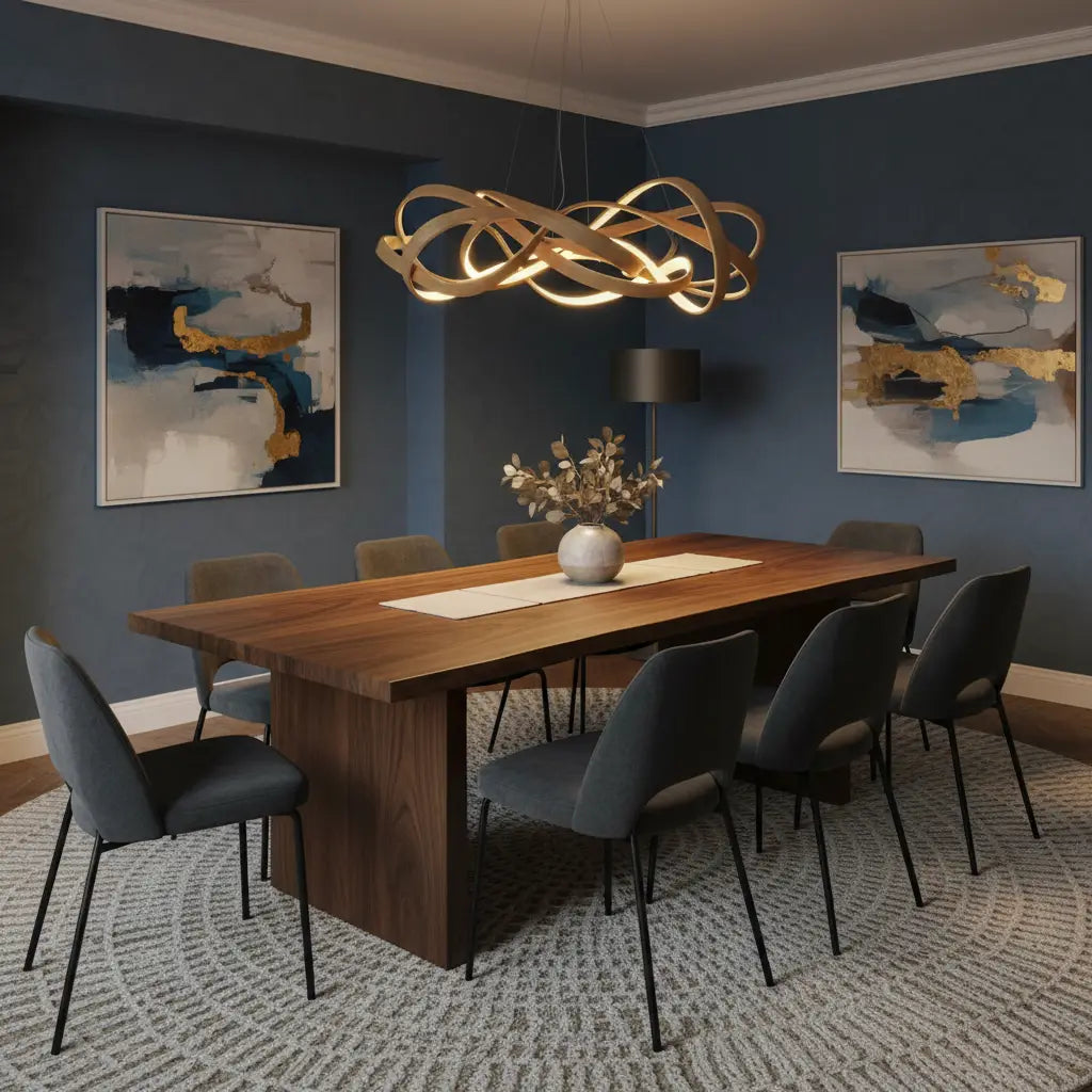 Suspension bois design au-dessus d'une table de salle à manger