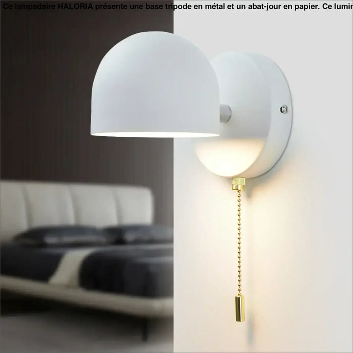 Applique murale blanche en forme de dôme avec chaîne dorée style scandinave qui participe à créer une ambiance chaleureuse