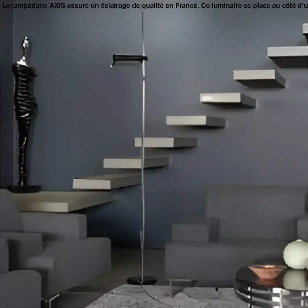 Lampadaire design axys avec tête lumineuse orientable, structure métal noir minimaliste et abat-jour cylindrique élégant