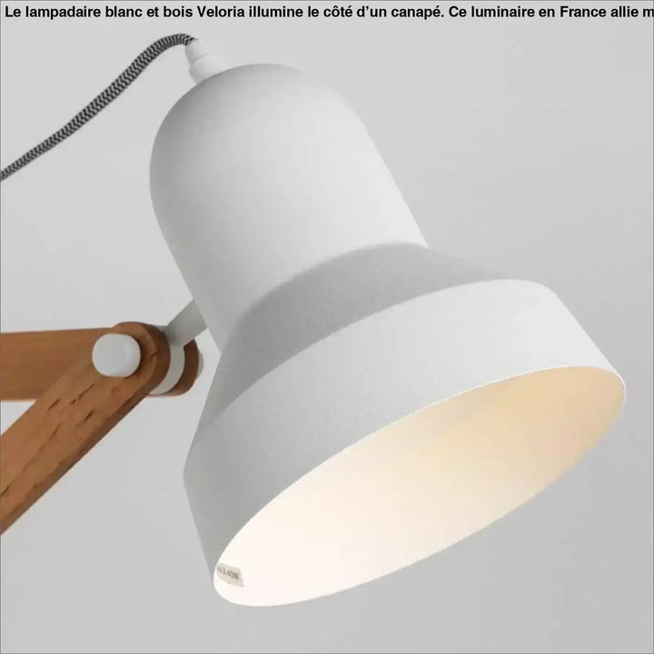 Lampadaire Blanc Et Bois À Abat-Jour Conique Noir Et Rose
