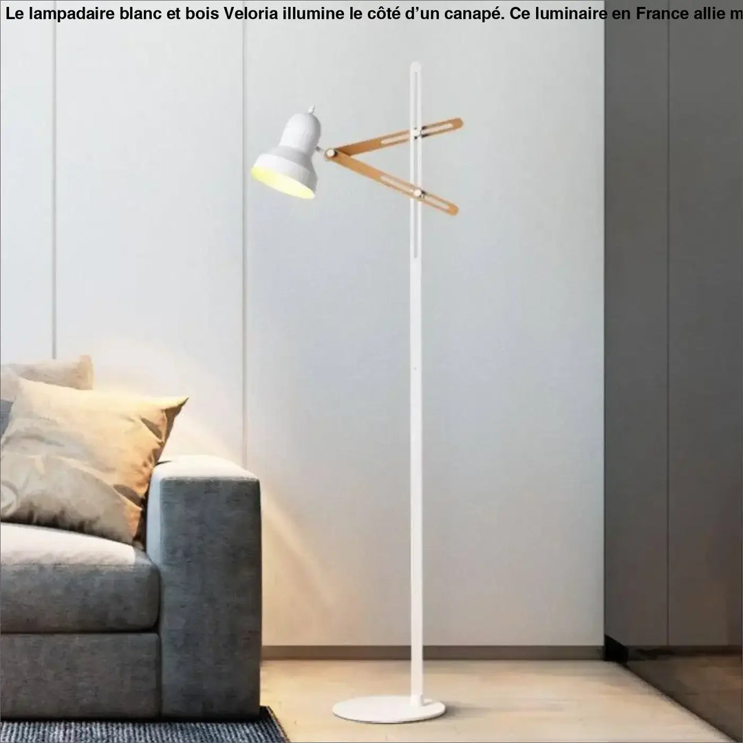 Lampadaire Blanc Et Bois À Abat-Jour Conique Noir Et Rose