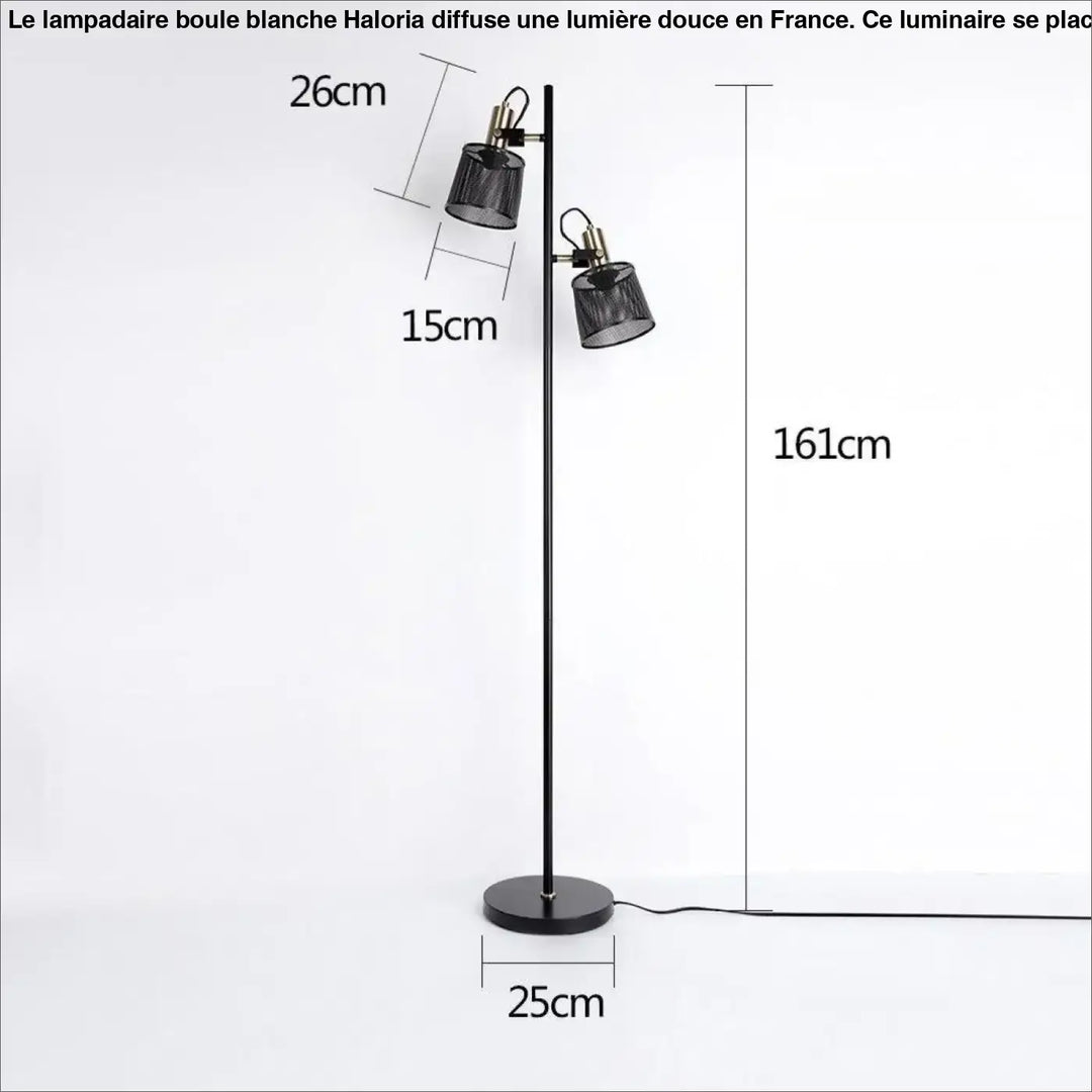 Lampadaire boule blanche en métal noir avec deux abat-jours réglables en maille et design moderne élégant