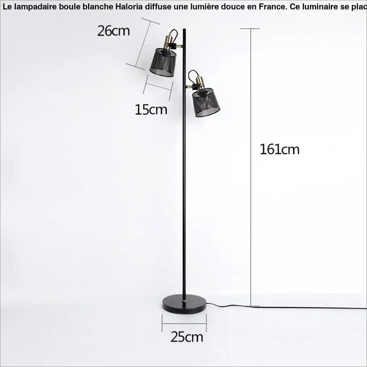 Lampadaire boule blanche en métal noir avec deux abat-jours réglables en maille et design moderne élégant