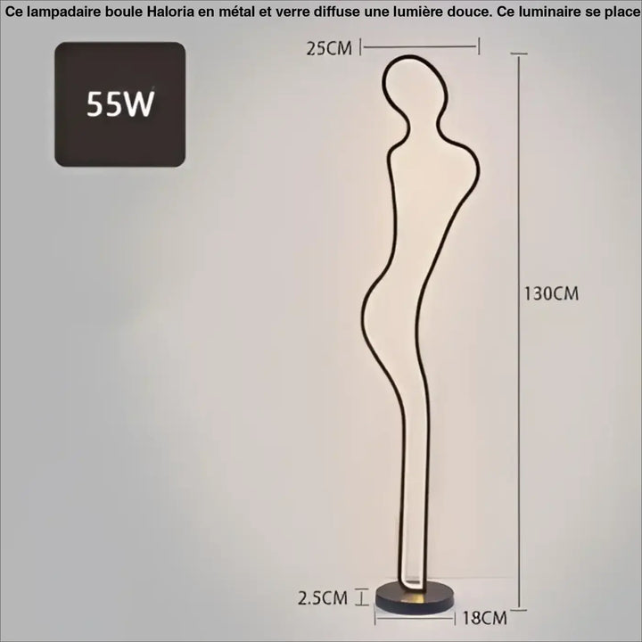 Lampadaire boule sur pied haloria en silhouette filaire noire minimaliste côté d’un canapé