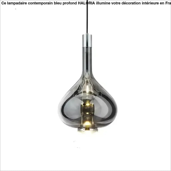 Suspension luminaire elys avec verre soufflé en forme de goutte et effet fumé avec finition chrome métallique