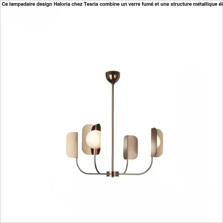 Suspension luminaire copra en métal doré rose avec cinq bras courbés et globes opalins en verre dépoli