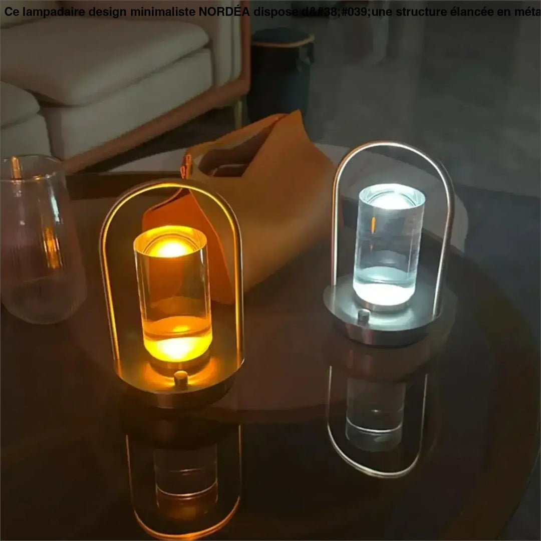 Lampe de table neora avec arche épurée et lumière cylindrique flottante en verre, une lumière ambre et une lumière blanche
