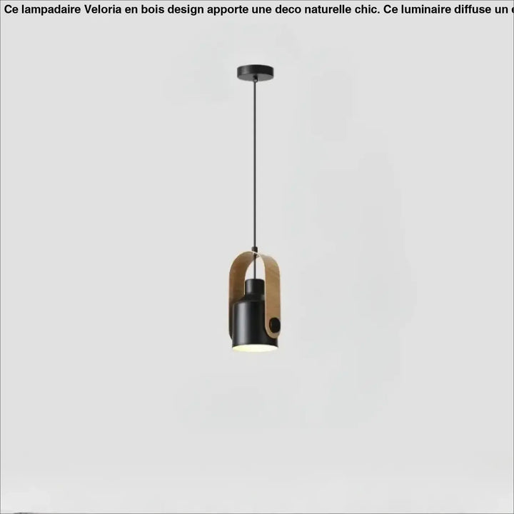 Suspension luminaire talvi en forme de cylindre noir avec un accent en bois en forme darc