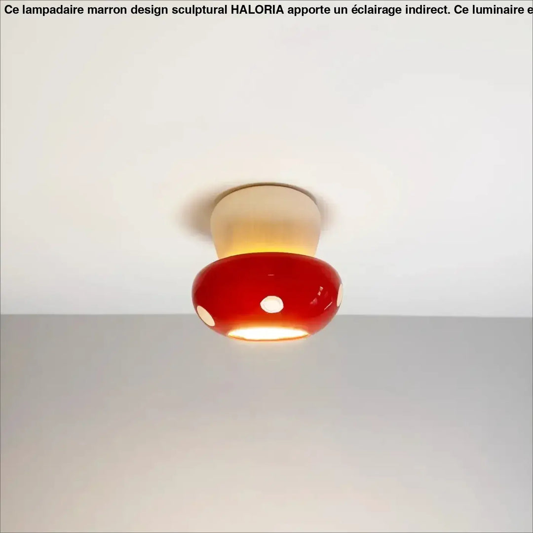 Luminaire plafonnier champy rouge en forme de champignon avec pois blancs et lumière chaleureuse pour décoration intérieure plus qu’un simple plafonnier design