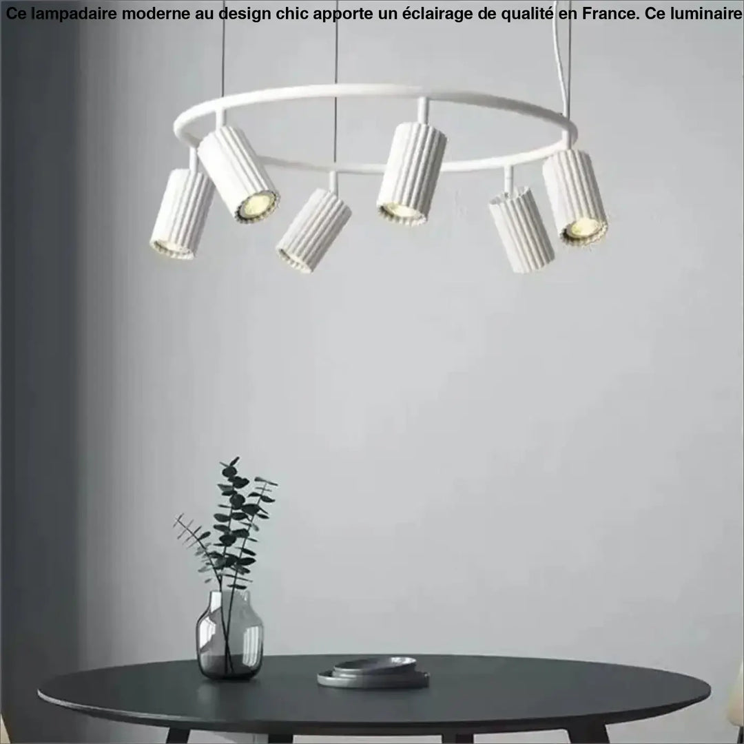 Suspension luminaire zynth blanc avec cinq cylindres texturés ronds minimaliste pour éclairage ciblé