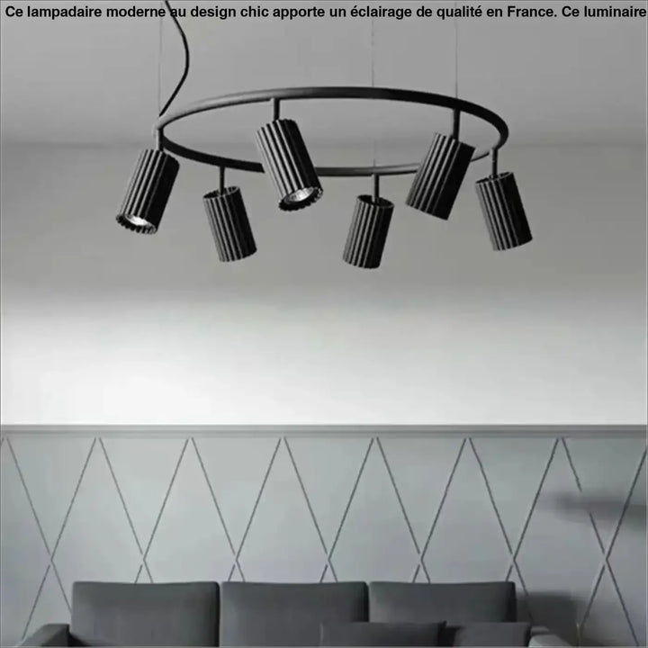 Suspension luminaire zynth noir avec cinq cylindres texturés pour un éclairage minimaliste et design