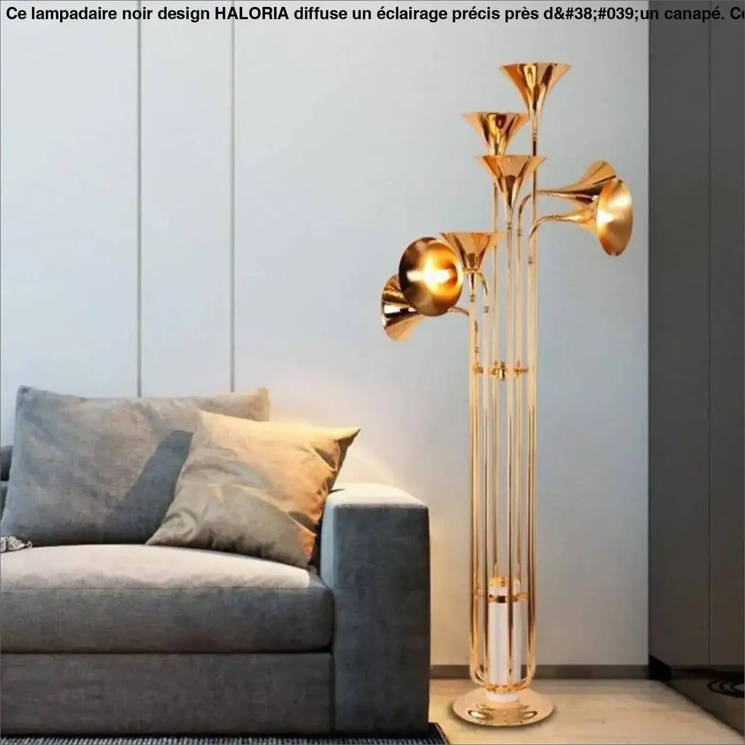 Lampadaire noir design avec plusieurs bras en forme de trompette dorée et style moderne épuré pour intérieur contemporain