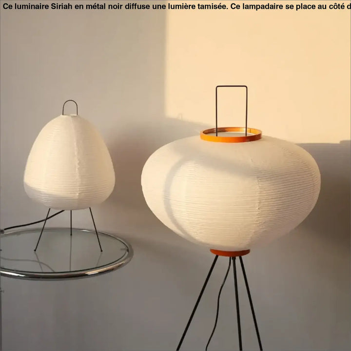 Lampadaire siriah en papier blanc avec base tripode métallique noire et bord en bois orange design moderne élégant