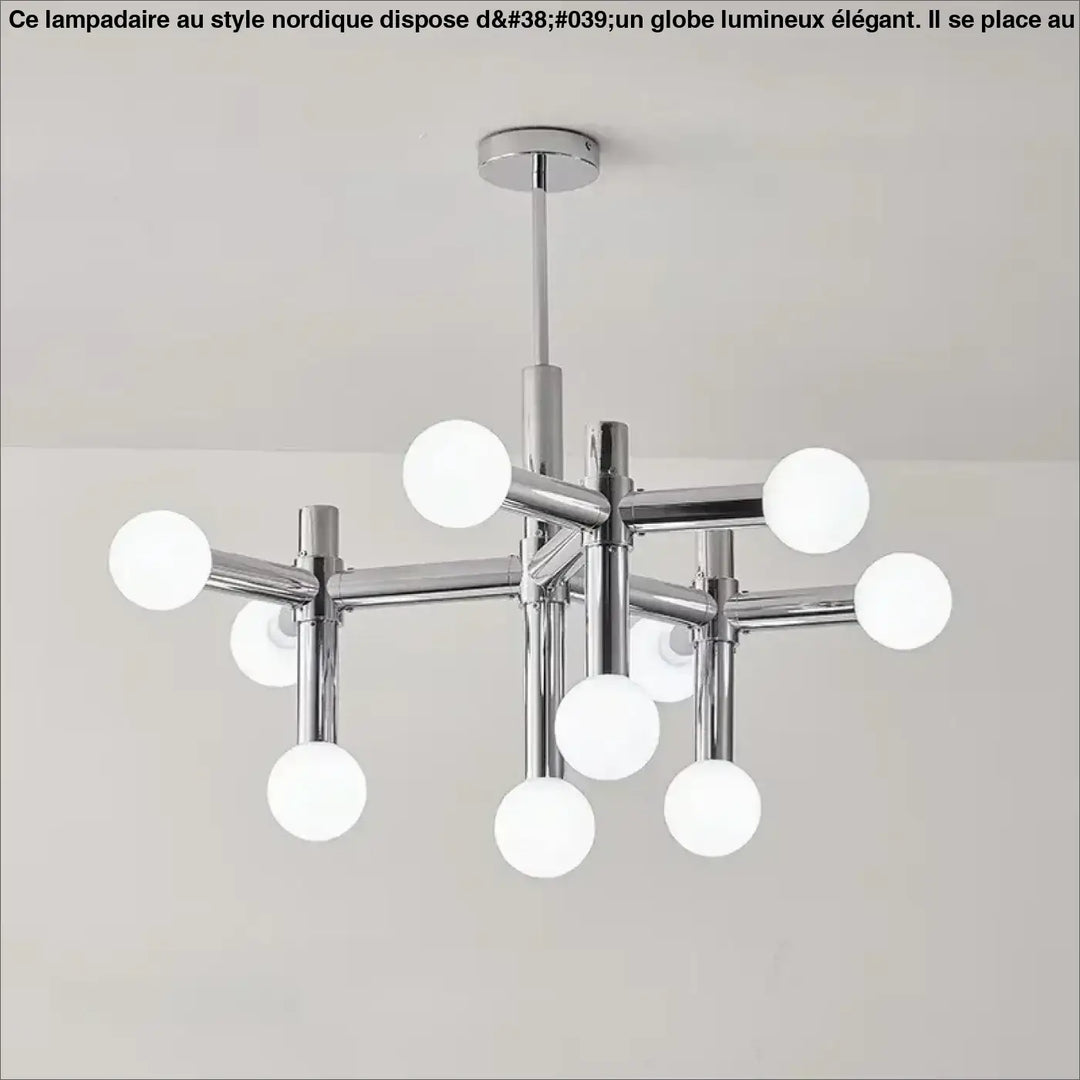 Suspension luminaire keiny en chrome moderne avec plusieurs globes en verre blanc disposés en motif géométrique ramifié
