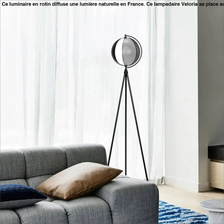 Lampadaire sur pied rotin noir avec globe en maille filaire idéal côté d’un canapé côté d’un pied rotin