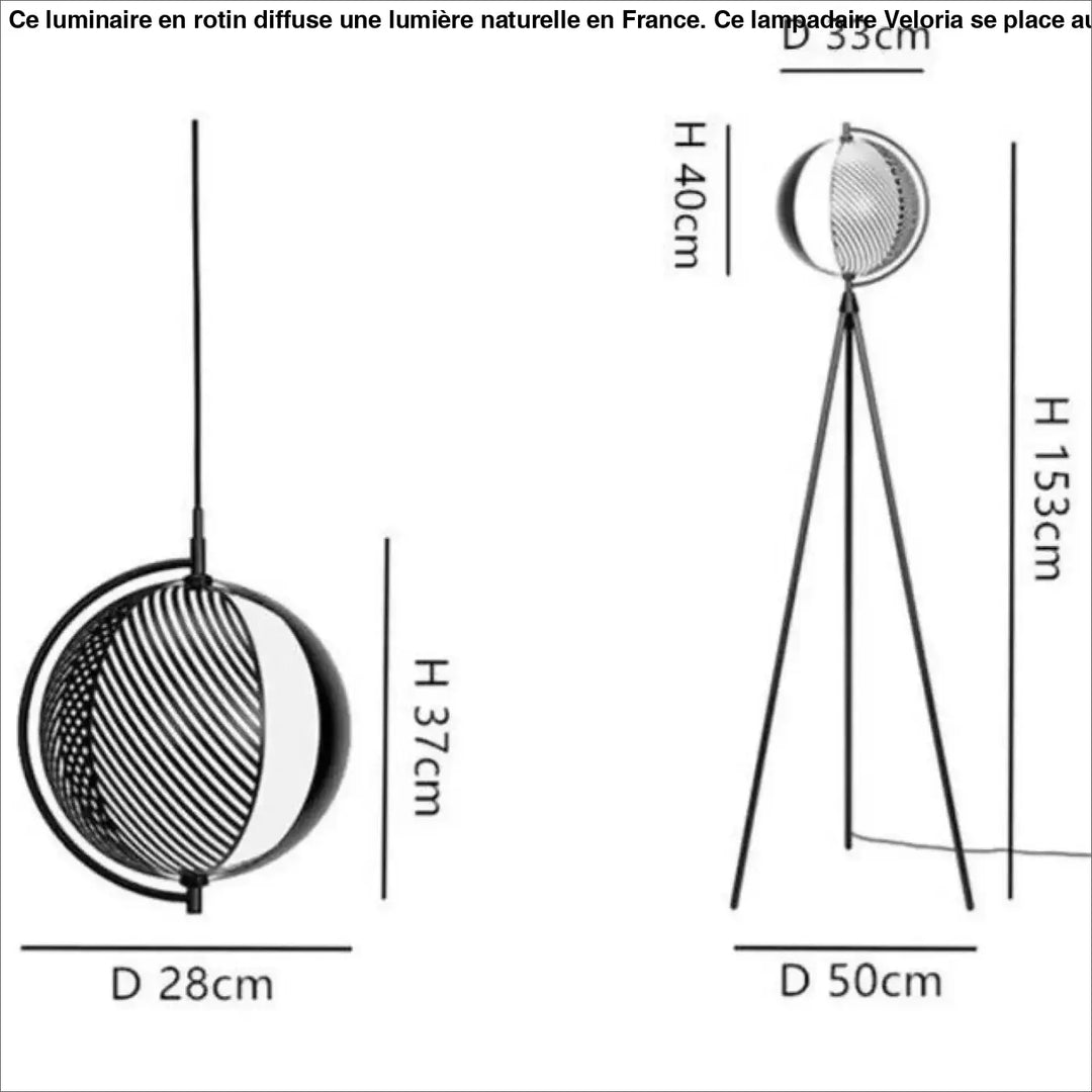 Lampadaire sur pied rotin noir avec abat-jour sphérique en maille rayée pour côté d’un canapé élégant
