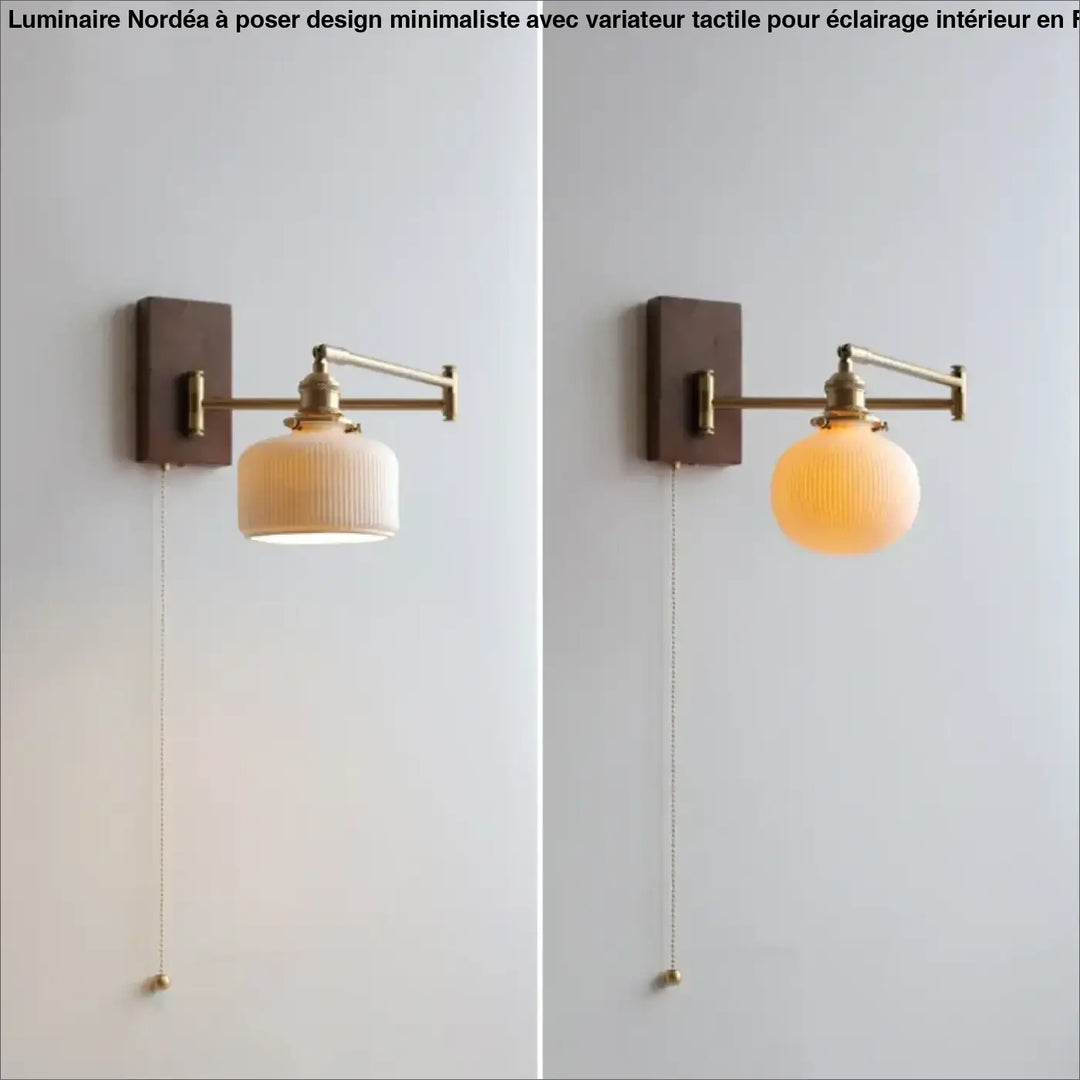 Applique murale contemporaine réglable en laiton avec abat-jour en verre givré nervuré et plaque arrière en bois foncé