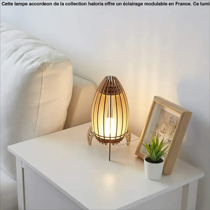 Lampe accordeon haloria en bois avec éclairage plus chaud table d’appoint design minimaliste en forme de fusée