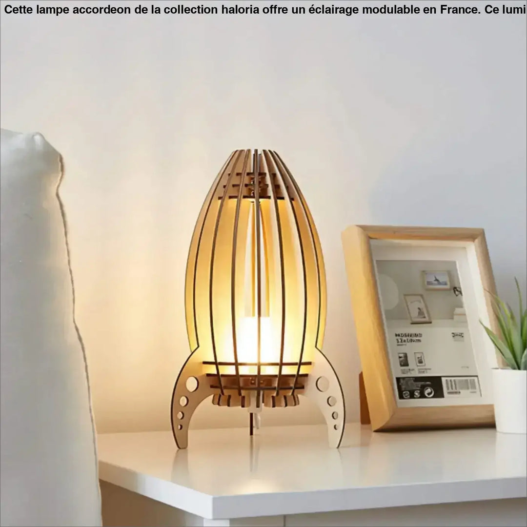 Lampe accordeon haloria lampe table d’appoint en bois chaud avec design laser et éclairage plus par découpe circulaire