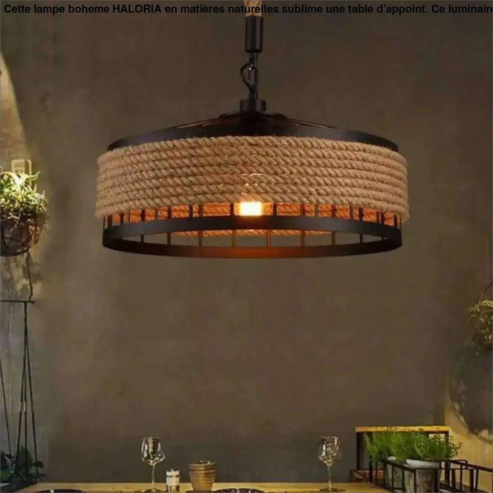 Lampe boheme haloria suspension industrielle en métal noir avec corde en matières naturelles idéale pour table d’appoint