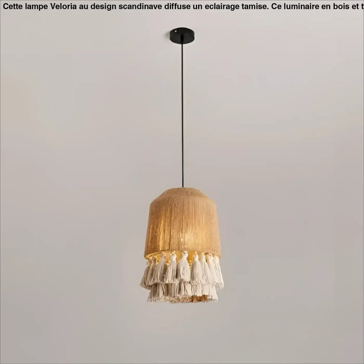 Suspension luminaire warm-toned en corde naturelle avec ombre tissée et franges décoratives blanches douces