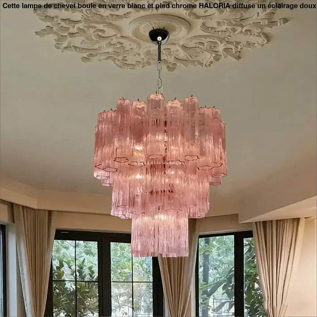 Suspension luminaire pinky en verre rose à plusieurs étages avec design texturé pour salle à manger élégante