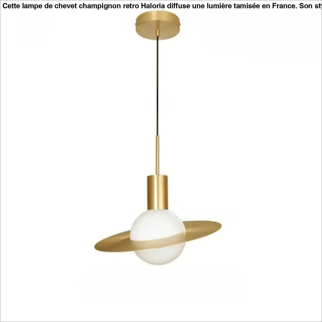 Suspension luminaire uranus en métal doré avec globe en verre blanc et bague circulaire évoquant lorbite planétaire