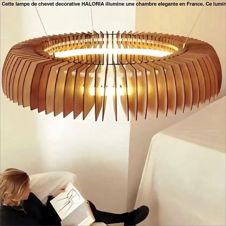 Suspension luminaire xylia avec lames de bois en couches et anneau lumineux central pour salle d’exposition chaleureuse
