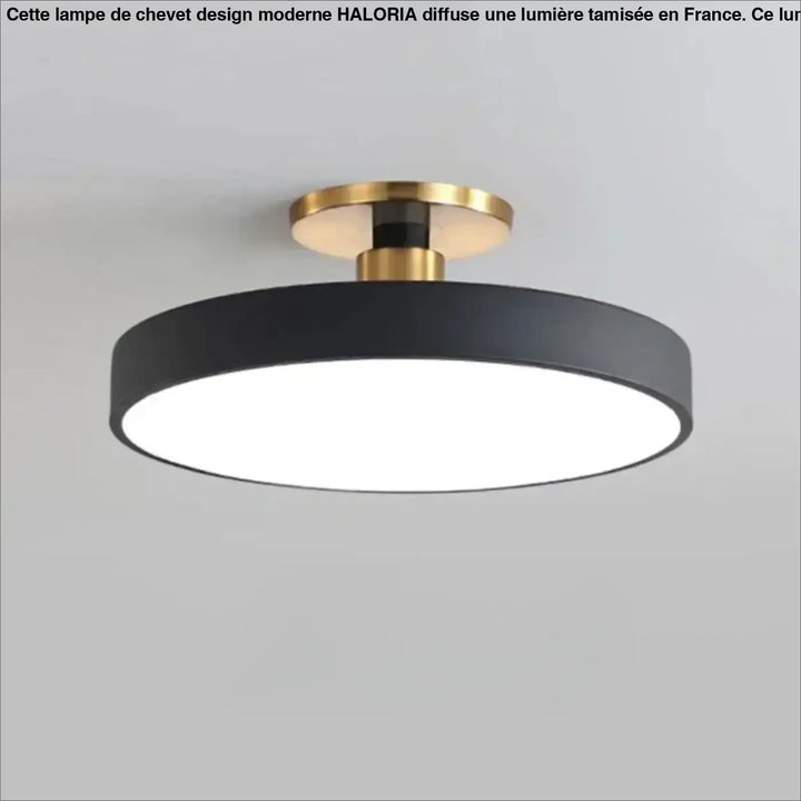 Luminaire plafonnier bisco avec ceiling light noir circulaire et base métallique dorée avec lumière blanche
