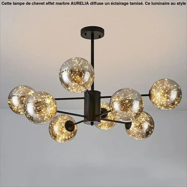 Lustre suspension andrel moderne en métal noir avec huit sphères en verre clair et guirlandes lumineuses pour salle à manger