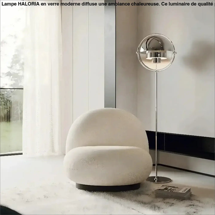 Lampadaire miror avec fauteuil arrondi crème en tissu texturé doux compatible 90-260v fer type robuste