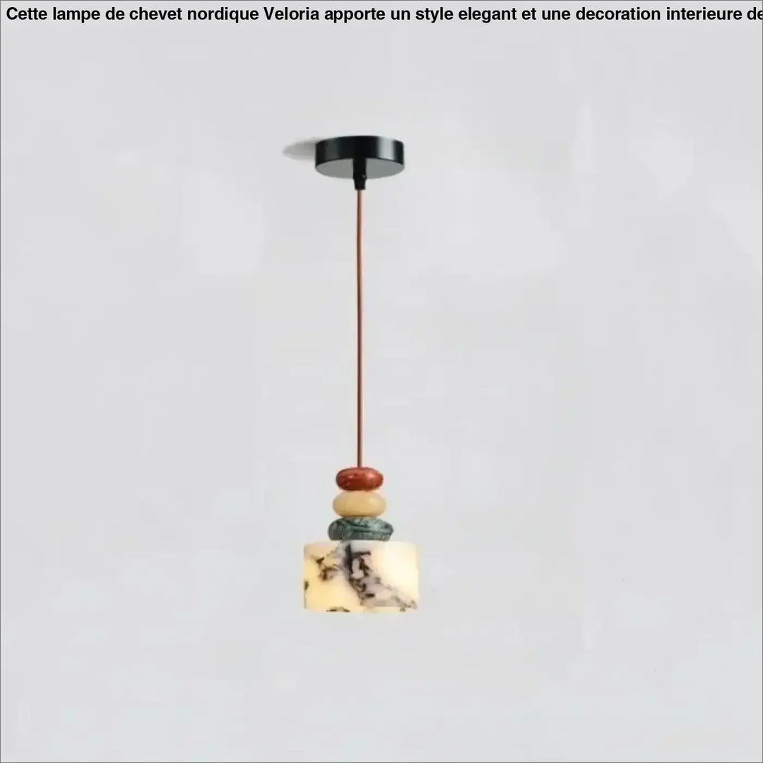 Suspension luminaire gaïa avec perles minérales empilées en pierre marbrée naturelle et cordon cuivre sur base rectangulaire
