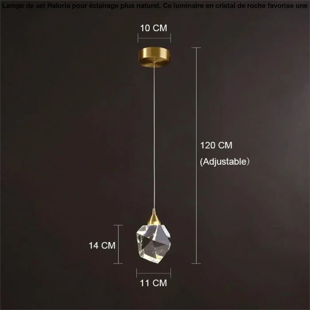 Lampe de sel haloria suspension en cristal facetté avec fixation métal doré et chaîne réglable pour décoration plus éclairage plus table d’appoint