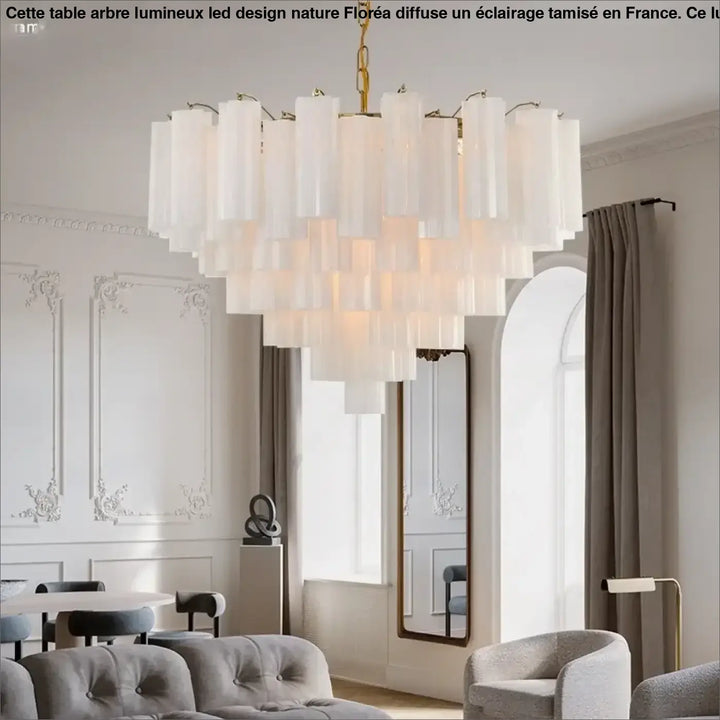 Lustre en verre blanc translucide à double étage avec cadre en métal doré, réglable en hauteur pour hall d’exposition